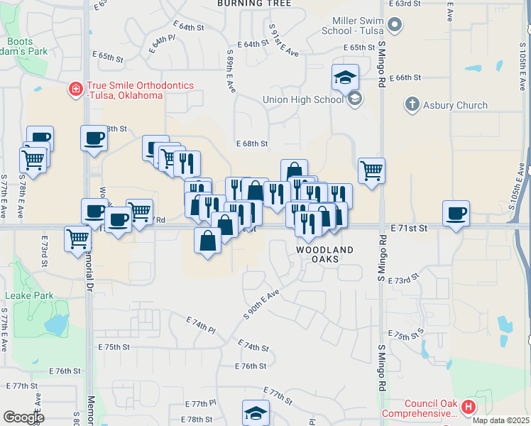 map of restaurants, bars, coffee shops, grocery stores, and more near 9027 East 71st Street in Tulsa