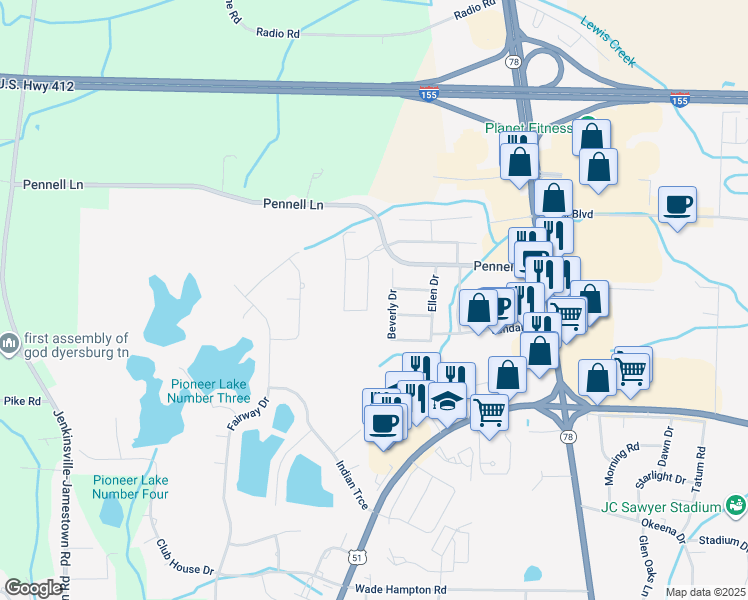 map of restaurants, bars, coffee shops, grocery stores, and more near 2166 Oakmont Avenue in Dyersburg