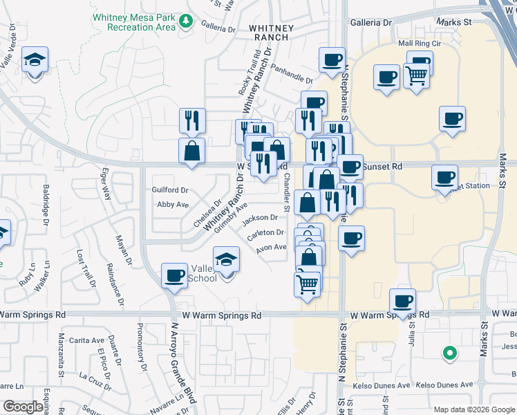map of restaurants, bars, coffee shops, grocery stores, and more near 586 Grimsby Ave in Henderson