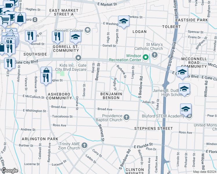 map of restaurants, bars, coffee shops, grocery stores, and more near 904 Benjamin Benson Street in Greensboro