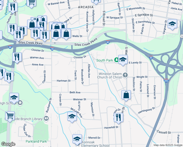 map of restaurants, bars, coffee shops, grocery stores, and more near 2714 Ellerbe Avenue in Winston-Salem