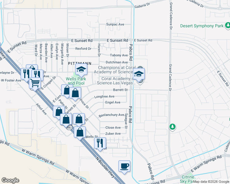 map of restaurants, bars, coffee shops, grocery stores, and more near 524 East Barrett Street in Henderson