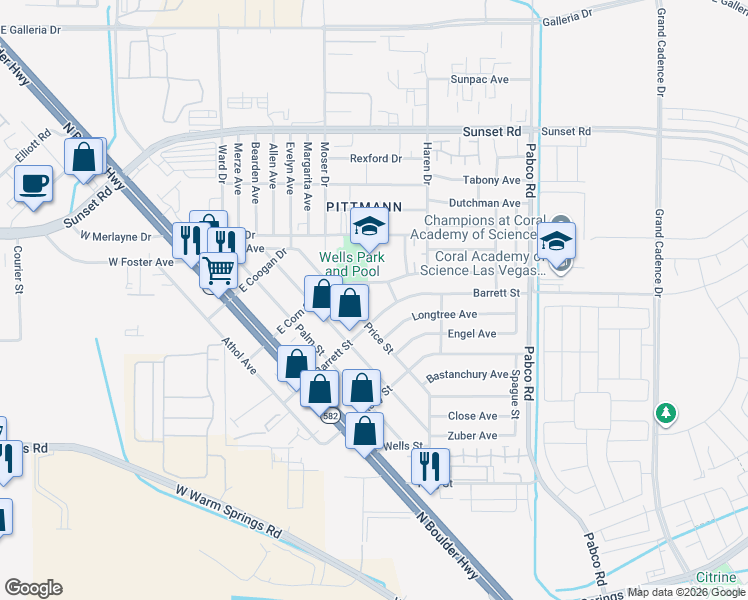 map of restaurants, bars, coffee shops, grocery stores, and more near 412 Pagan St in Henderson