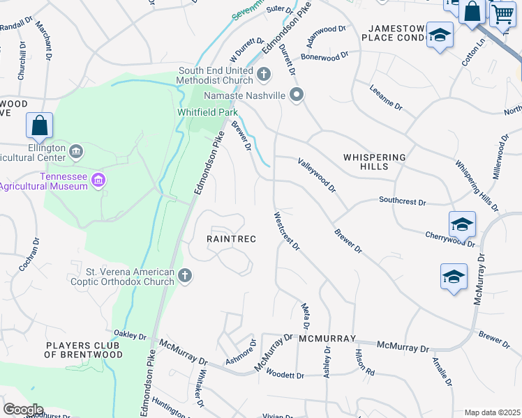 map of restaurants, bars, coffee shops, grocery stores, and more near 3100 Hill Creek Drive in Nashville
