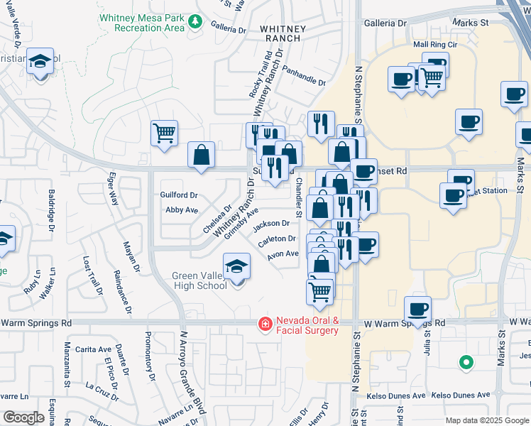 map of restaurants, bars, coffee shops, grocery stores, and more near 582 Grimsby Avenue in Henderson
