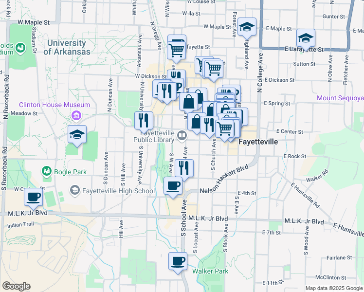 map of restaurants, bars, coffee shops, grocery stores, and more near 401 West Mountain Street in Fayetteville