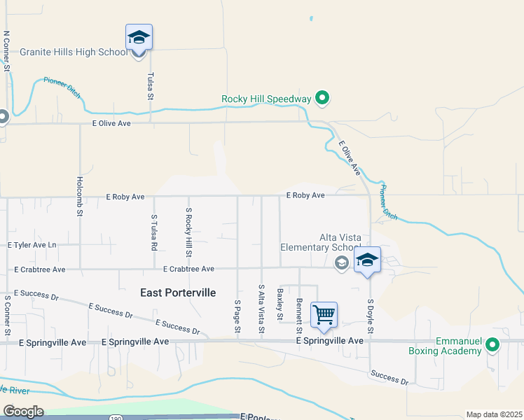 map of restaurants, bars, coffee shops, grocery stores, and more near 232 Alta Vista Street in Porterville
