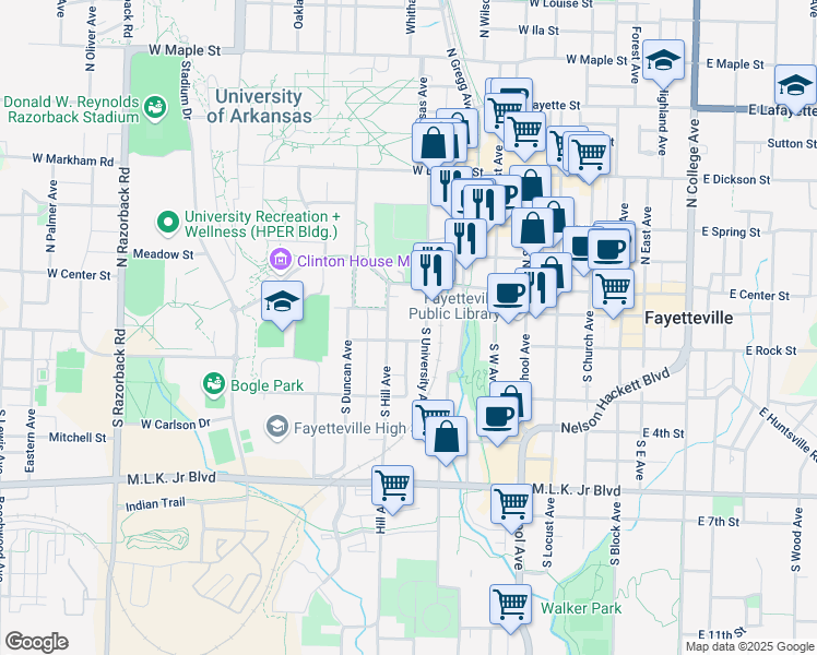 map of restaurants, bars, coffee shops, grocery stores, and more near 130 South Hill Avenue in Fayetteville
