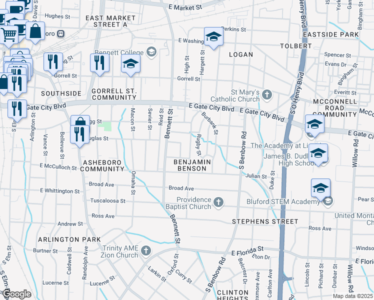 map of restaurants, bars, coffee shops, grocery stores, and more near 904 Benjamin Benson Street in Greensboro