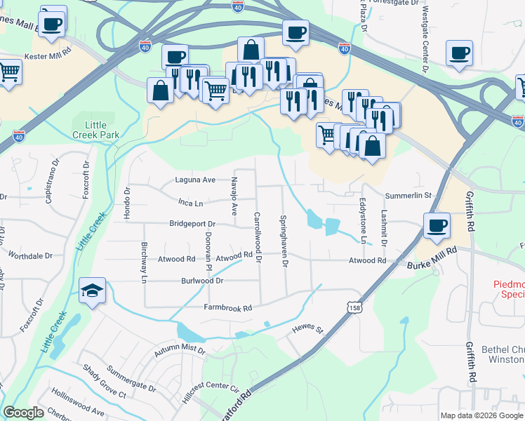 map of restaurants, bars, coffee shops, grocery stores, and more near 2911 Carrollwood Drive in Winston-Salem