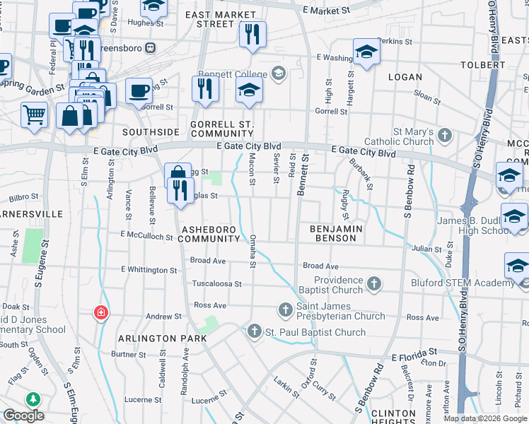 map of restaurants, bars, coffee shops, grocery stores, and more near 909 Omaha Street in Greensboro