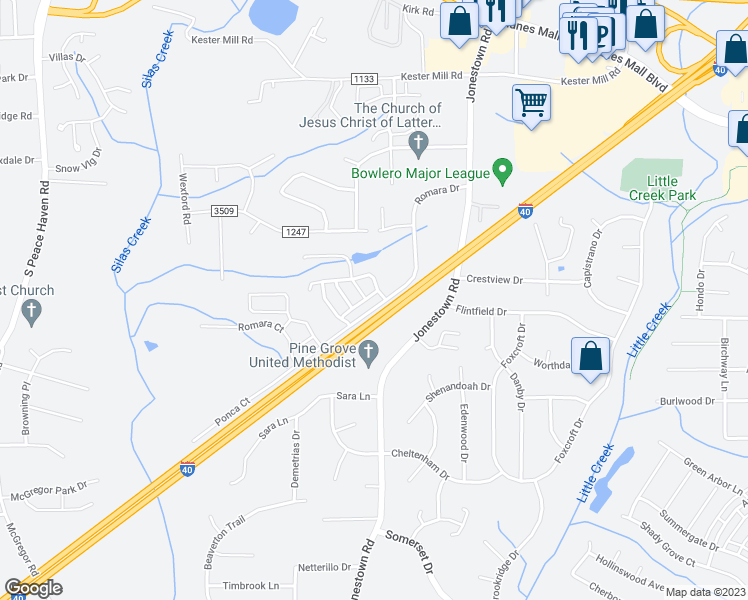 map of restaurants, bars, coffee shops, grocery stores, and more near 4913 Ampthill Lane in Winston-Salem