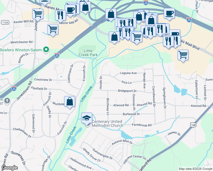map of restaurants, bars, coffee shops, grocery stores, and more near 2870 Aztec Ct in Winston-Salem