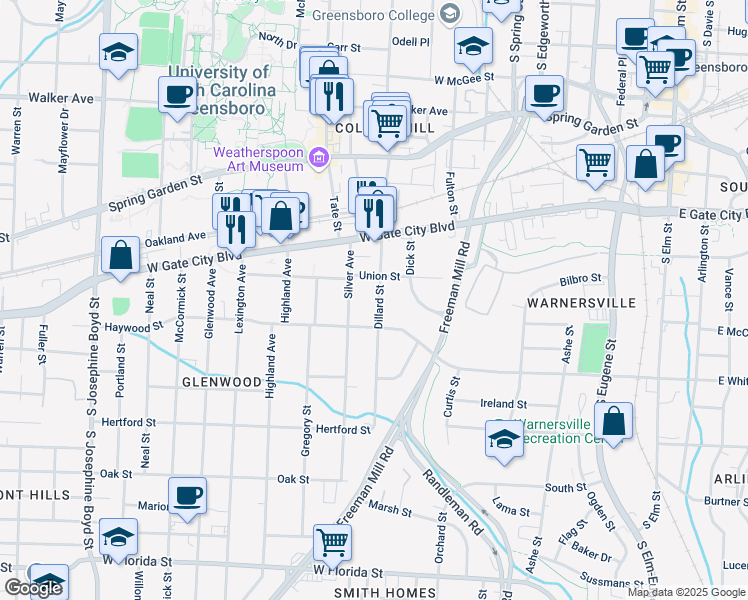map of restaurants, bars, coffee shops, grocery stores, and more near 810 Dillard Street in Greensboro