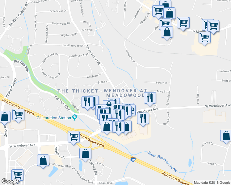 map of restaurants, bars, coffee shops, grocery stores, and more near 902 Meadowood Street in Greensboro