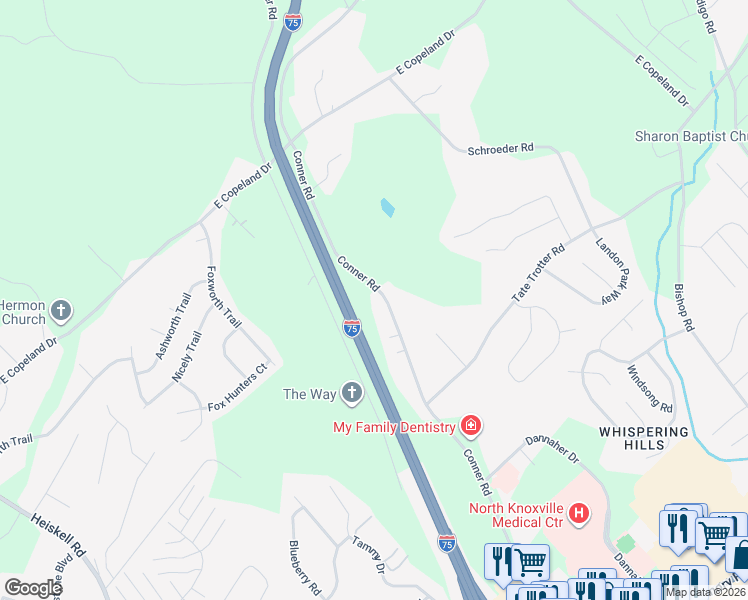 map of restaurants, bars, coffee shops, grocery stores, and more near 8107 Conner Road in Powell