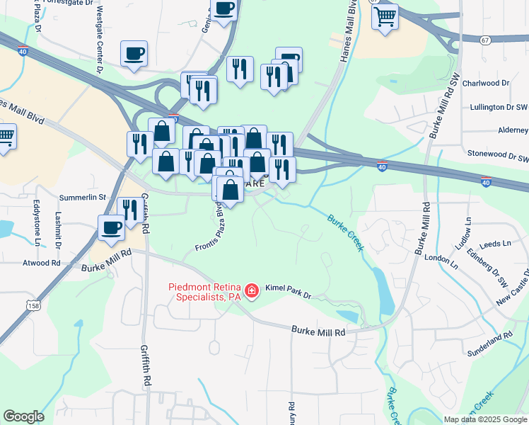 map of restaurants, bars, coffee shops, grocery stores, and more near Brookview Hills Boulevard in Winston-Salem