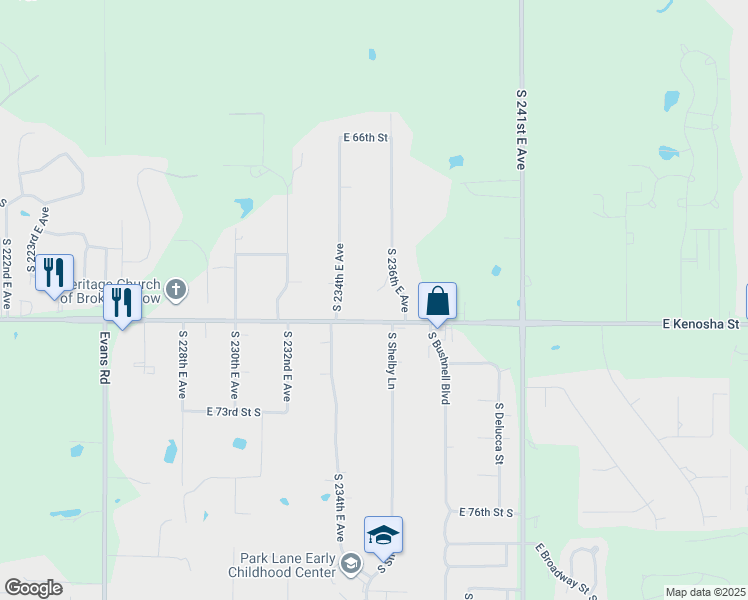 map of restaurants, bars, coffee shops, grocery stores, and more near 7014 South 235th East Avenue in Broken Arrow