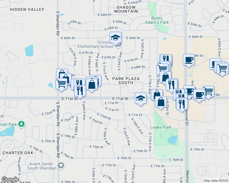 map of restaurants, bars, coffee shops, grocery stores, and more near 6926 South 73rd East Avenue in Tulsa