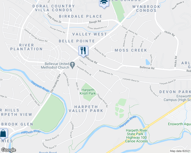 map of restaurants, bars, coffee shops, grocery stores, and more near 730 Harpeth Parkway West in Nashville