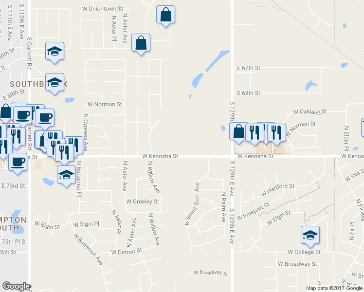 map of restaurants, bars, coffee shops, grocery stores, and more near 12813 East 71st Street in Broken Arrow