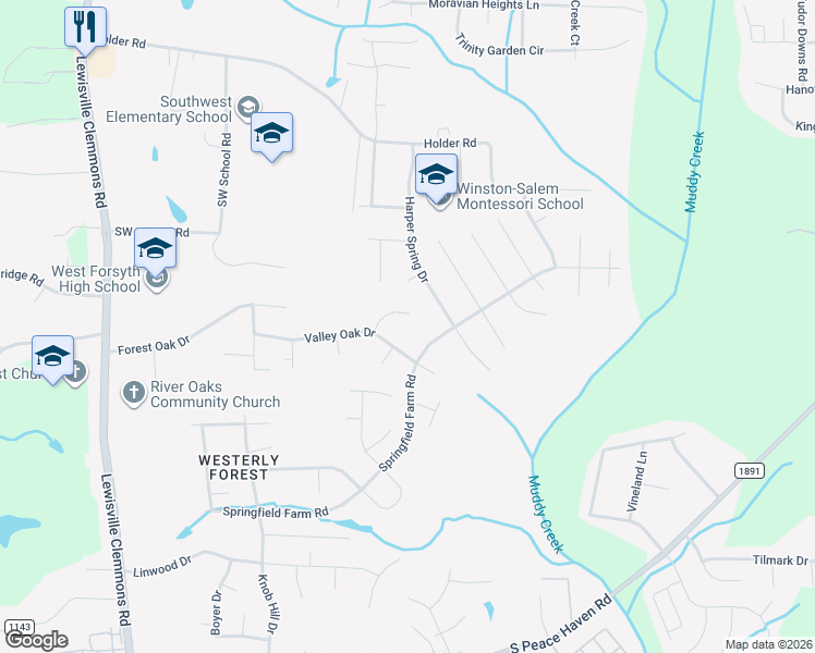 map of restaurants, bars, coffee shops, grocery stores, and more near 140 Valleyoak Ct in Clemmons