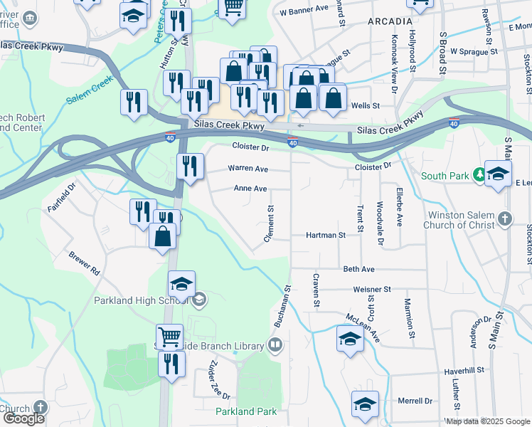 map of restaurants, bars, coffee shops, grocery stores, and more near 2716 Clement Street in Winston-Salem