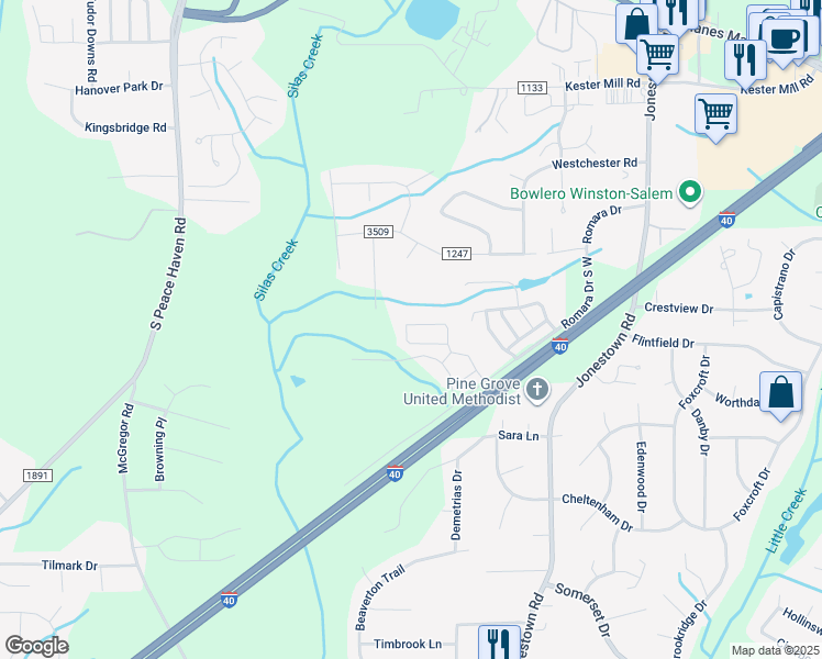 map of restaurants, bars, coffee shops, grocery stores, and more near 5541 Farm House Trail in Winston-Salem