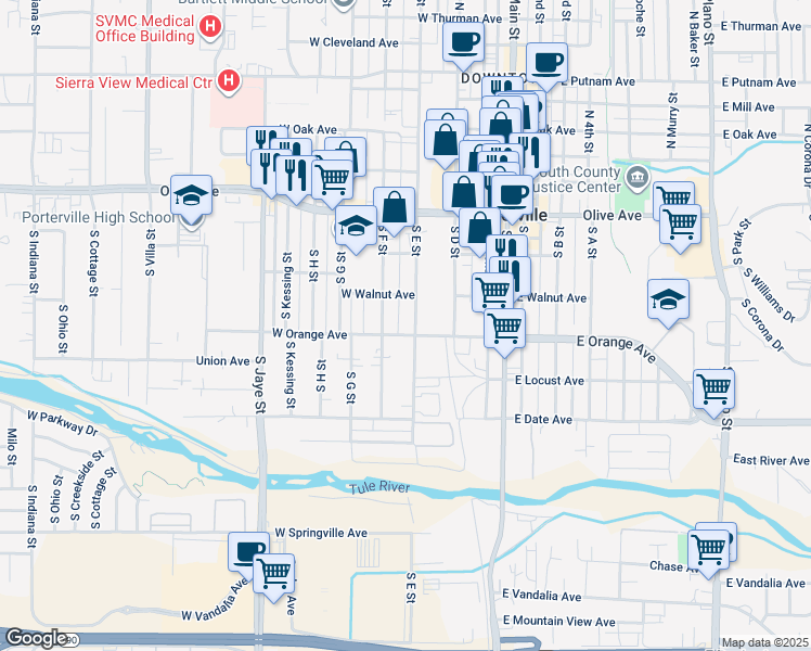 map of restaurants, bars, coffee shops, grocery stores, and more near 166 West Orange Avenue in Porterville