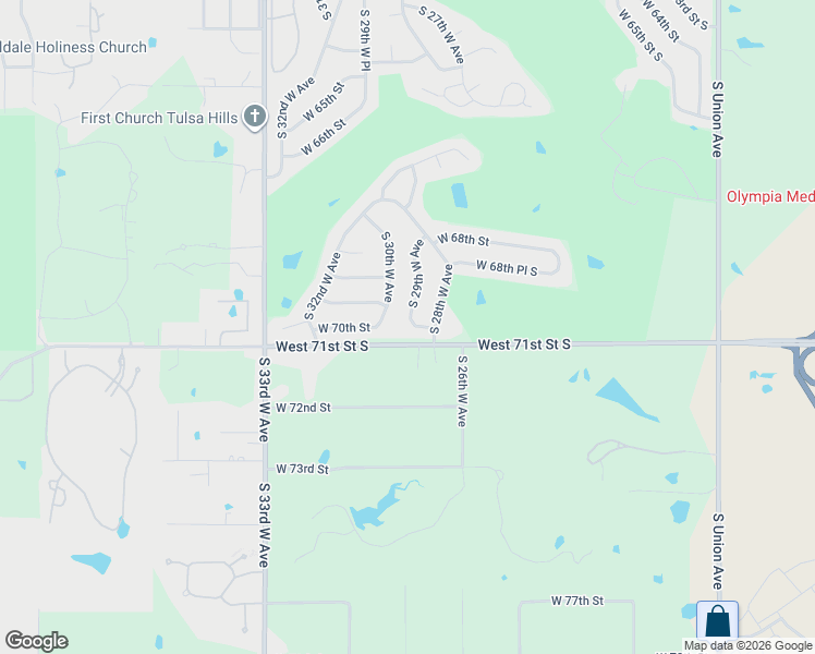 map of restaurants, bars, coffee shops, grocery stores, and more near 6942 South 29th West Avenue in Tulsa
