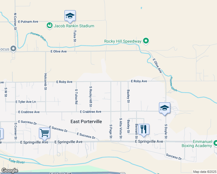 map of restaurants, bars, coffee shops, grocery stores, and more near 237 Page St in Porterville