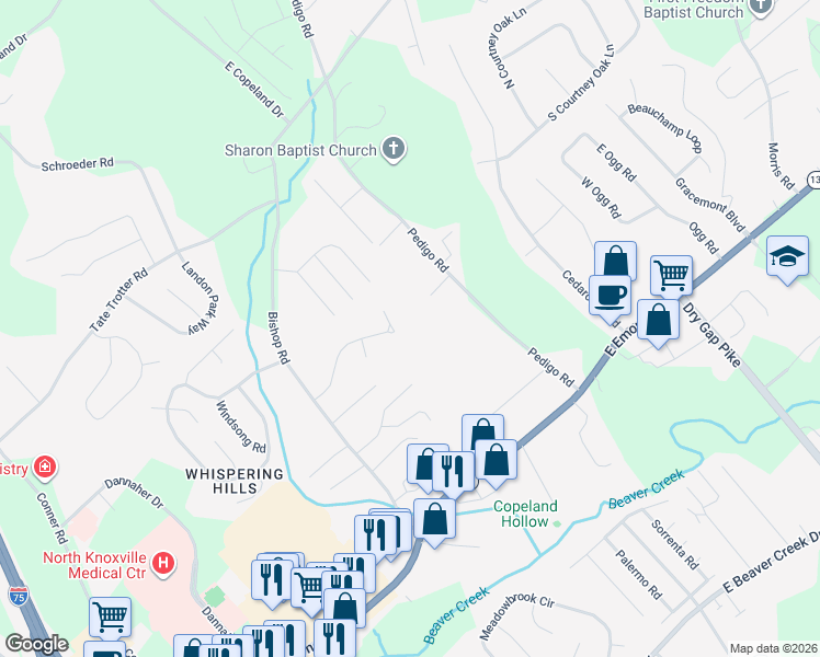 map of restaurants, bars, coffee shops, grocery stores, and more near 938 North Meadow Boulevard in Knoxville