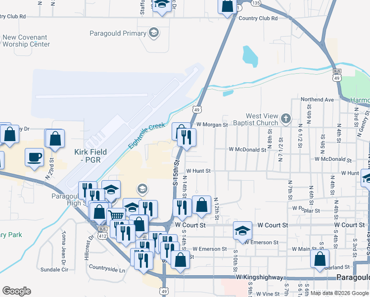 map of restaurants, bars, coffee shops, grocery stores, and more near 700 North 14th Avenue in Paragould