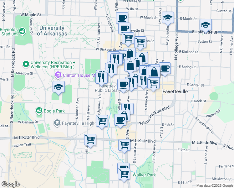 map of restaurants, bars, coffee shops, grocery stores, and more near 107 South West Avenue in Fayetteville