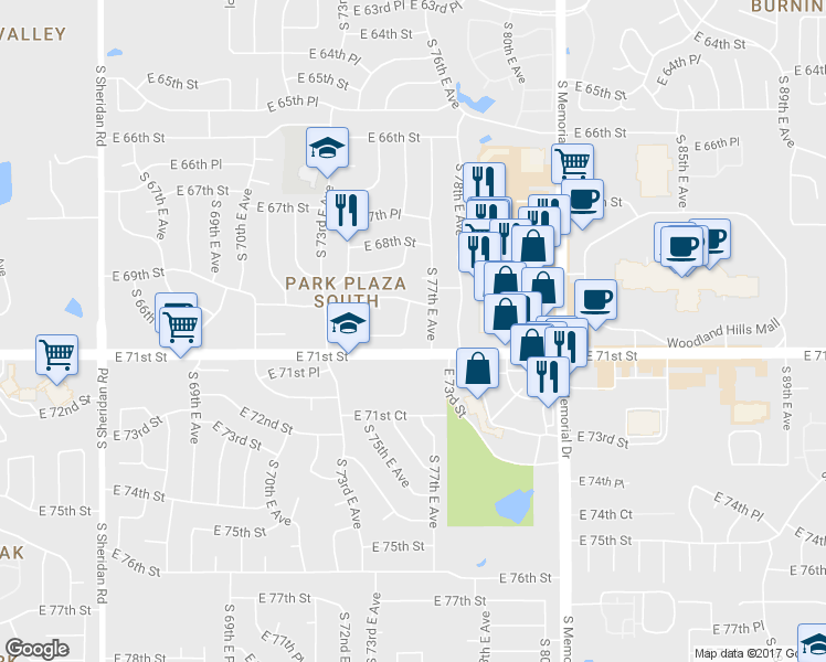 map of restaurants, bars, coffee shops, grocery stores, and more near 6925 South 76th East Avenue in Tulsa