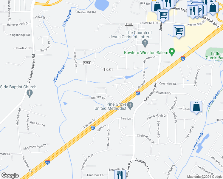 map of restaurants, bars, coffee shops, grocery stores, and more near 5097 Wyngate Village Drive in Winston-Salem