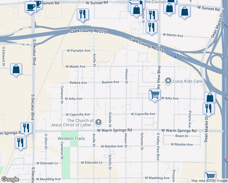 map of restaurants, bars, coffee shops, grocery stores, and more near 7075 Schirlls Street in Las Vegas