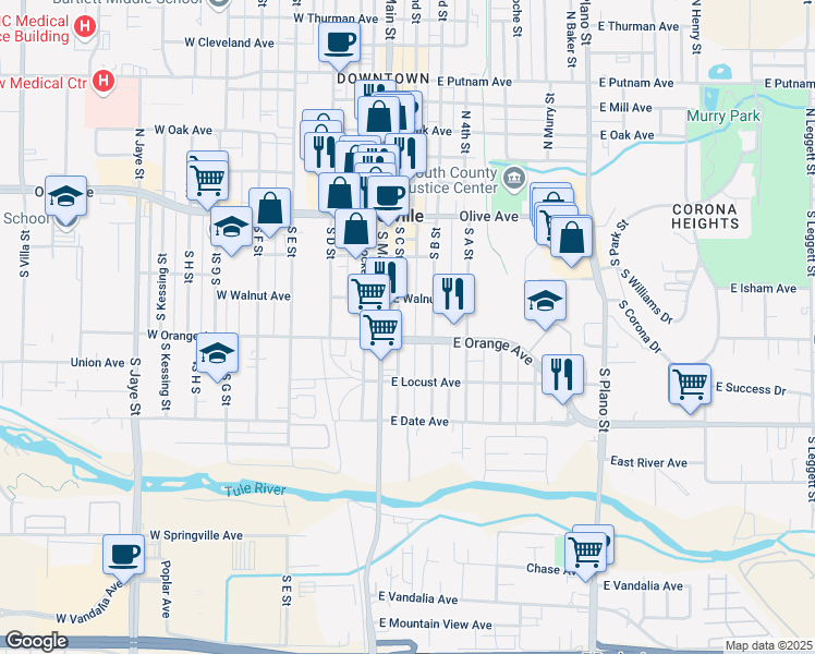 map of restaurants, bars, coffee shops, grocery stores, and more near 230 South Main Street in Porterville
