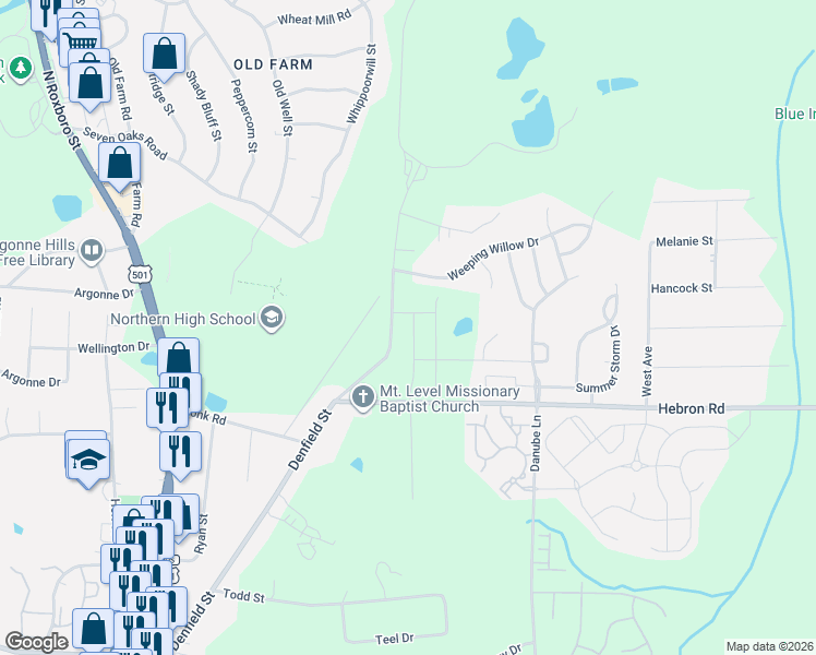 map of restaurants, bars, coffee shops, grocery stores, and more near 4728 Denfield Street in Durham