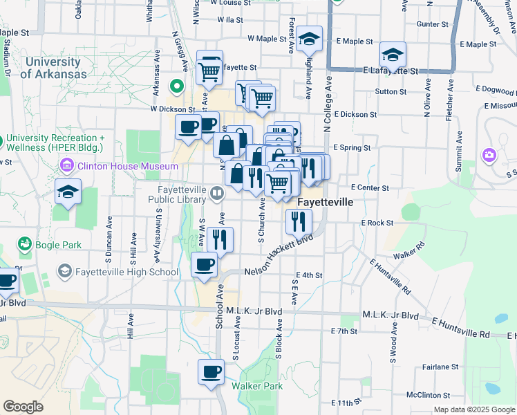 map of restaurants, bars, coffee shops, grocery stores, and more near 126 South Locust Avenue in Fayetteville