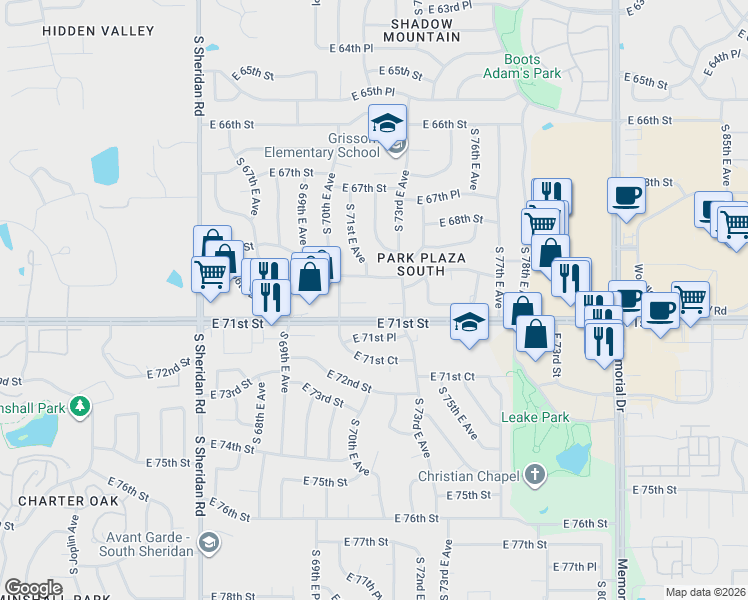 map of restaurants, bars, coffee shops, grocery stores, and more near 6926 South 73rd East Avenue in Tulsa