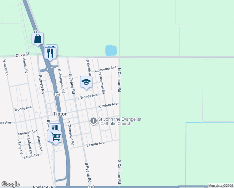 map of restaurants, bars, coffee shops, grocery stores, and more near 225 North Callison Road in Tipton