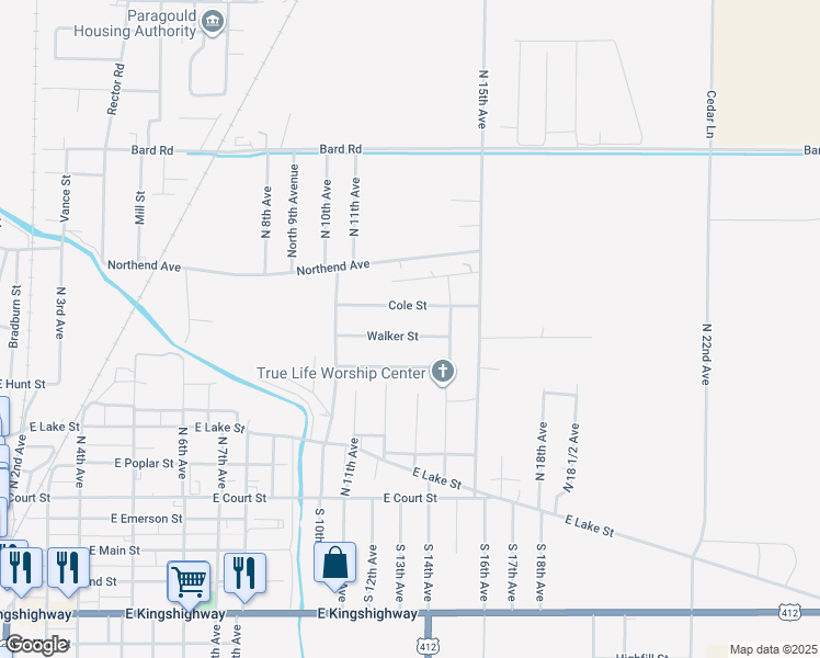 map of restaurants, bars, coffee shops, grocery stores, and more near 1301 Walker Street in Paragould