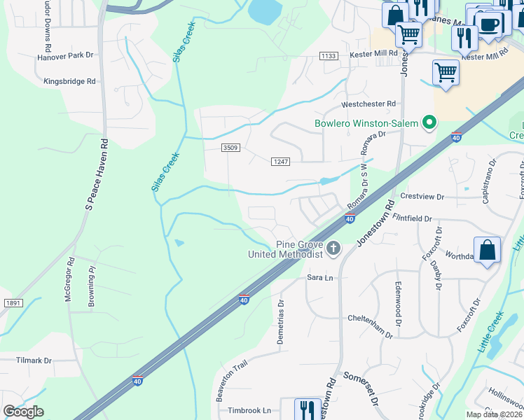 map of restaurants, bars, coffee shops, grocery stores, and more near 5343 Farm House Trail in Winston-Salem