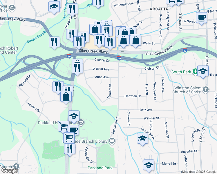 map of restaurants, bars, coffee shops, grocery stores, and more near 2716 Clement Street in Winston-Salem