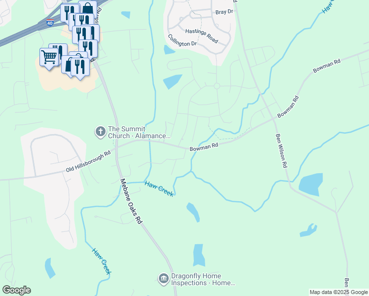 map of restaurants, bars, coffee shops, grocery stores, and more near 4398 Old Hillsborough Road in Mebane