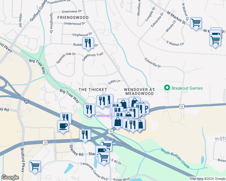 map of restaurants, bars, coffee shops, grocery stores, and more near 4223 Edith Lane in Greensboro