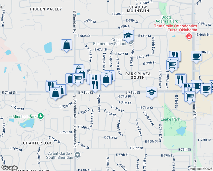 map of restaurants, bars, coffee shops, grocery stores, and more near 6965 South 69th East Avenue in Tulsa