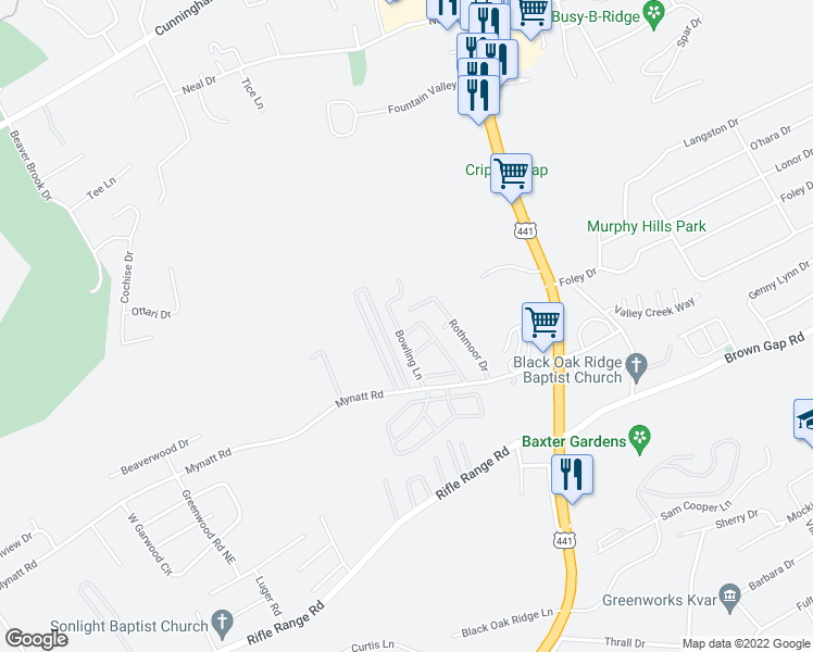 map of restaurants, bars, coffee shops, grocery stores, and more near 124 Keithway Lane in Knoxville