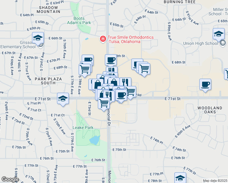 map of restaurants, bars, coffee shops, grocery stores, and more near in Tulsa